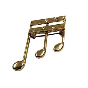 Vintage 60s-70s Clear Rhinestone Musical Note Brooch Pin Gold Tone